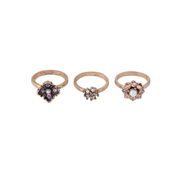 J&E Bijou Jewelry - Purple Crystal Pearl Gold Vintage Stackable Rings